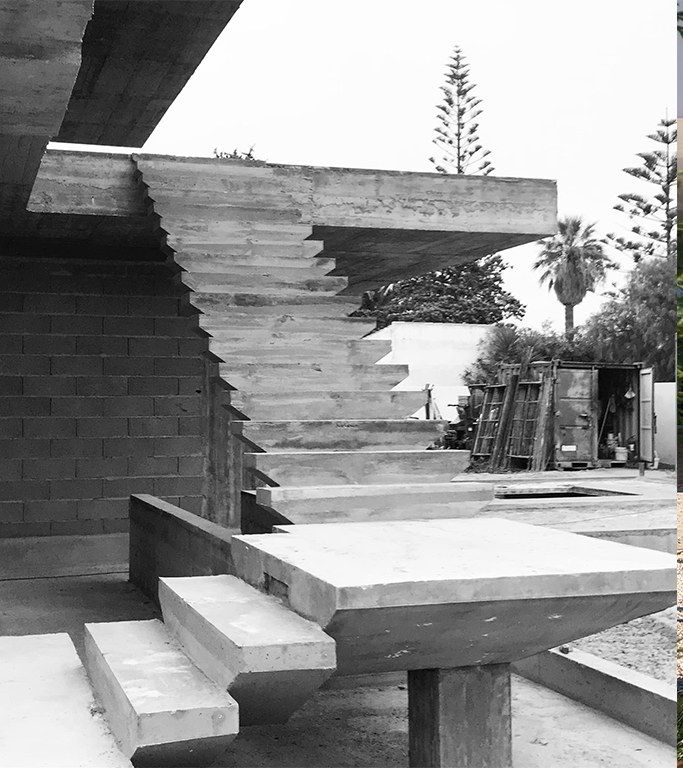 Cantilevered structural concrete staircase under construction before microcement